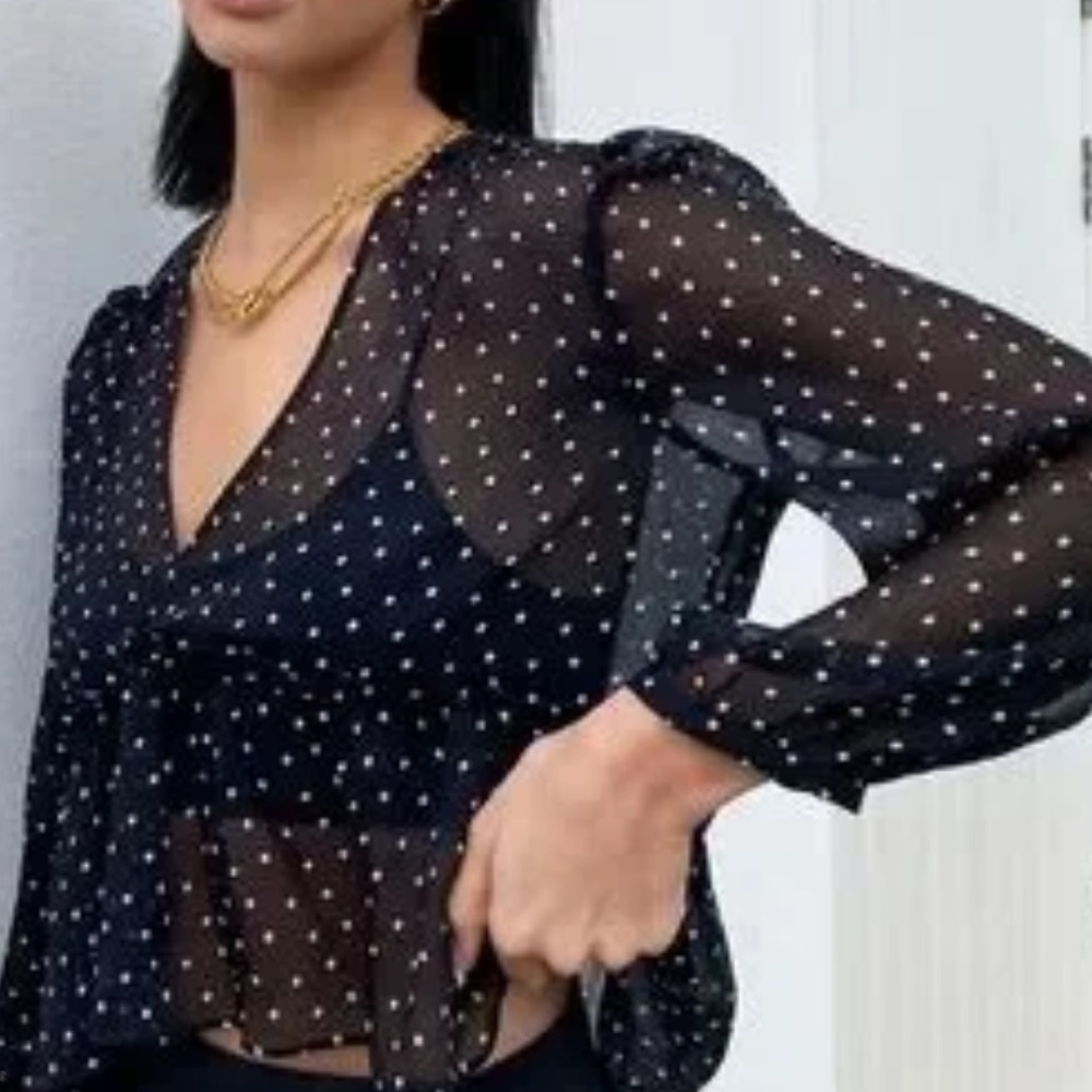 Sunday Best Black Sheer Polka Dot Long Sleeve Top